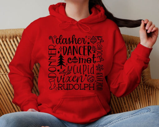 Dasher Hoodie, Dancer Hoodie, Comet, Cupit, Dommer, Blitzen, Whiskey, vixen, Christmas hoodie