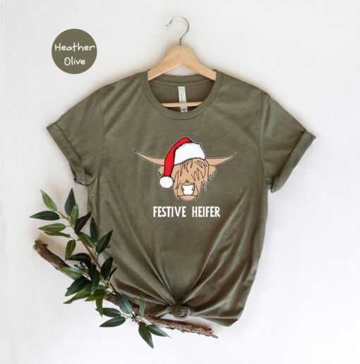 Festive Heifer in a Santa Hat Christmas T-Shirt, Funny Christmas Shirt, Animal Christmas T-Shirt, Santa Shirt, Holiday Shirt