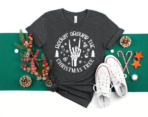 Christmas Skeleton Shirt, Rockin' Around The Christmas Tree, Christmas Trees Shirt, Christmas Rock T-shirt