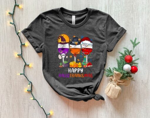 Happy HalloThanksMas Wine Shirt - Cute Drinking T-shirt - Funny Festival Tee - Women Christmas Shirt