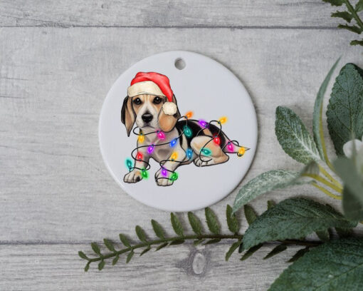 Beagle Christmas Light, Personalized Pet Ornament With Name, Custom Dog Christmas Ornament, Dog with Santa Hat