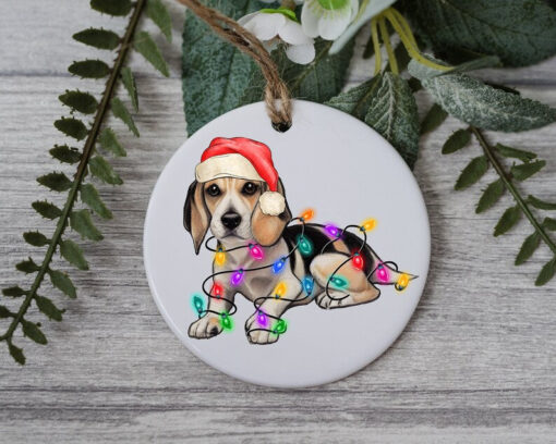 Beagle Christmas Light, Personalized Pet Ornament With Name, Custom Dog Christmas Ornament, Dog with Santa Hat