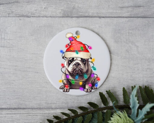 Bulldog Christmas Light, Personalized Pet Ornament With Name, Custom Dog Christmas Ornament, Dog with Santa Hat