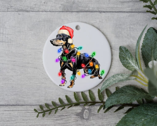 Doberman Christmas Light, Personalized Pet Ornament With Name, Custom Dog Christmas Ornament, Dog with Santa Hat