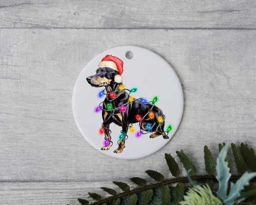 Doberman Christmas Light, Personalized Pet Ornament With Name, Custom Dog Christmas Ornament, Dog with Santa Hat