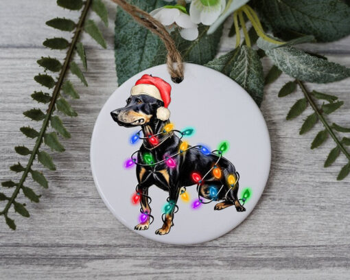 Doberman Christmas Light, Personalized Pet Ornament With Name, Custom Dog Christmas Ornament, Dog with Santa Hat