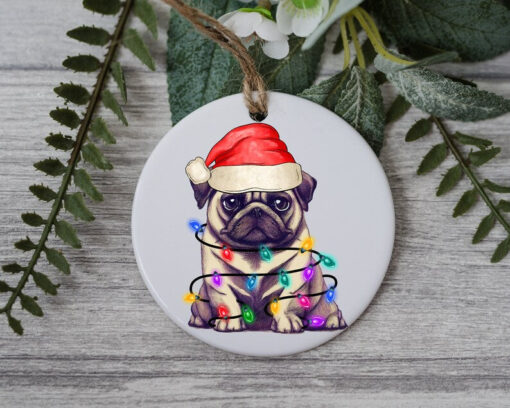 Pug Dog Christmas, Personalized Pet Ornament W/ Name, Custom Dog Christmas Ornament, Personalized Ornament, Dog W/ Santa Hat