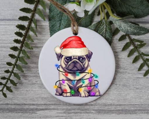 Pug Dog Christmas, Personalized Pet Ornament W/ Name, Custom Dog Christmas Ornament, Personalized Ornament, Dog W/ Santa Hat