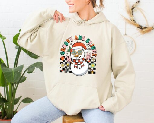 Christmas gift hoodie, Women's hoodie, xmas design hoodie, Merry and Bright shirt, snowman