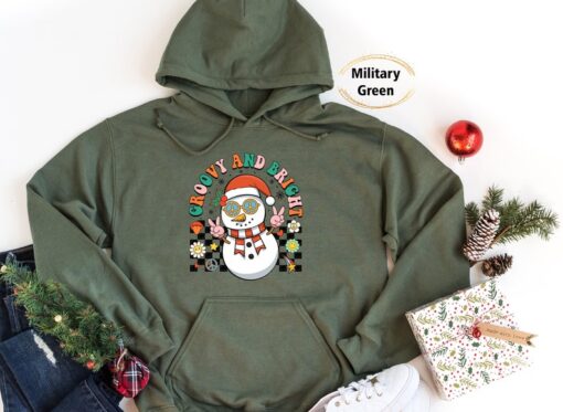 Christmas gift hoodie, Women's hoodie, xmas design hoodie, Merry and Bright shirt, snowman