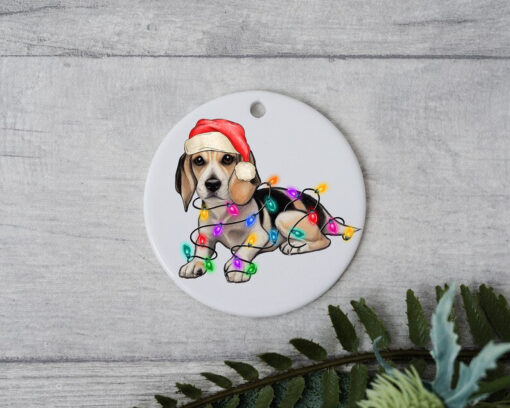 Beagle Christmas Light, Personalized Pet Ornament With Name, Custom Dog Christmas Ornament, Dog with Santa Hat