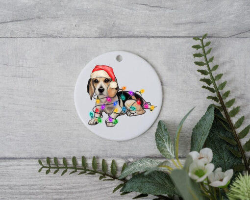 Beagle Christmas Light, Personalized Pet Ornament With Name, Custom Dog Christmas Ornament, Dog with Santa Hat