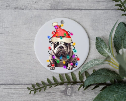 Bulldog Christmas Light, Personalized Pet Ornament With Name, Custom Dog Christmas Ornament, Dog with Santa Hat