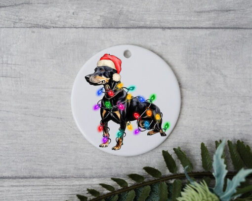 Doberman Christmas Light, Personalized Pet Ornament With Name, Custom Dog Christmas Ornament, Dog with Santa Hat