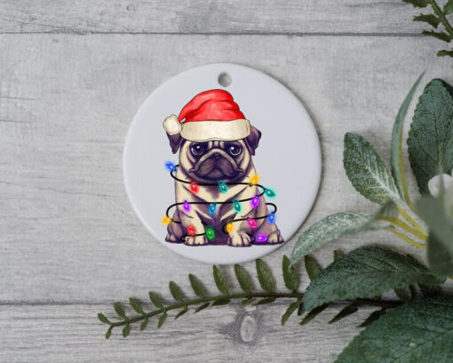 Pug Dog Christmas, Personalized Pet Ornament W/ Name, Custom Dog Christmas Ornament, Personalized Ornament, Dog W/ Santa Hat