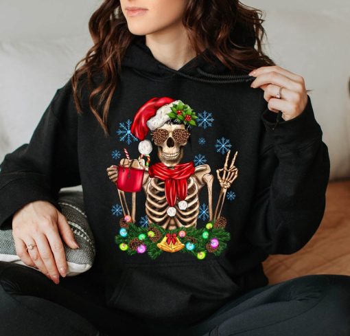 Santa Skeleton With Cup Hoodie, Skeleton Christmas, Christmas Hoodie, Skeleton Hoodie, Skeleton Coffee