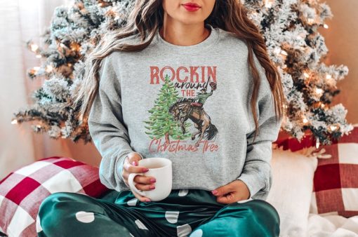 Rocking Around The Christmas Tree Sweatshirt, Women's Christmas Shirts, Retro Christmas Western Shirt, Cowboy Christmas Shirt