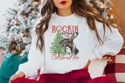 Rocking Around The Christmas Tree Sweatshirt, Women's Christmas Shirts, Retro Christmas Western Shirt, Cowboy Christmas Shirt