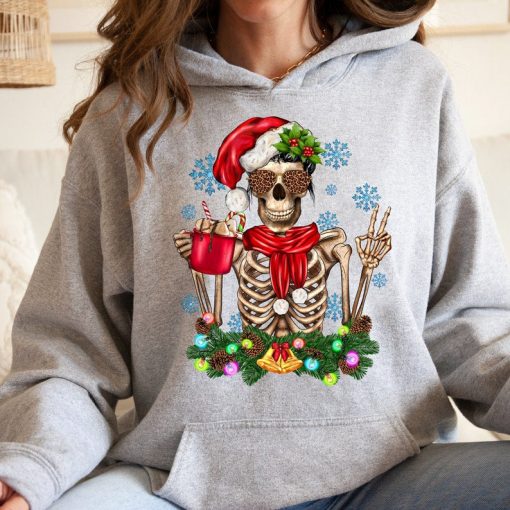 Santa Skeleton With Cup Hoodie, Skeleton Christmas, Christmas Hoodie, Skeleton Hoodie, Skeleton Coffee