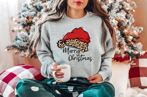 Leopard Santa Hat Merry Christmas Sweatshirt, Christmas Sweatshirt, Christmas Family Sweat, Christmas Gift