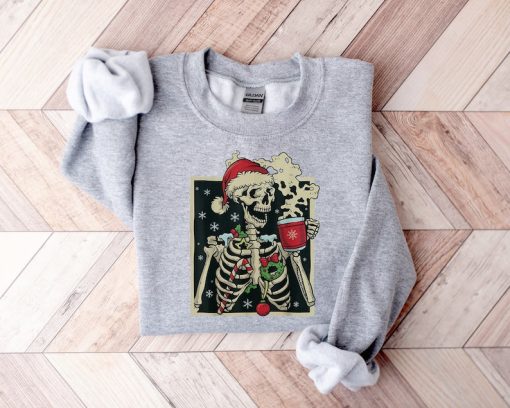 Dead Inside Skeleton Christmas Sweatshirt, Sarcastic Christmas Coffee Shirt Merry Christmas Shirt Coffee Lover