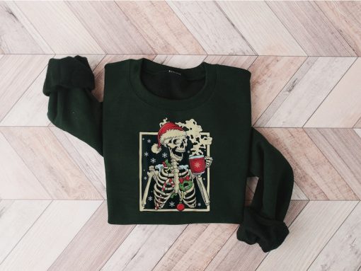 Dead Inside Skeleton Christmas Sweatshirt, Sarcastic Christmas Coffee Shirt Merry Christmas Shirt Coffee Lover