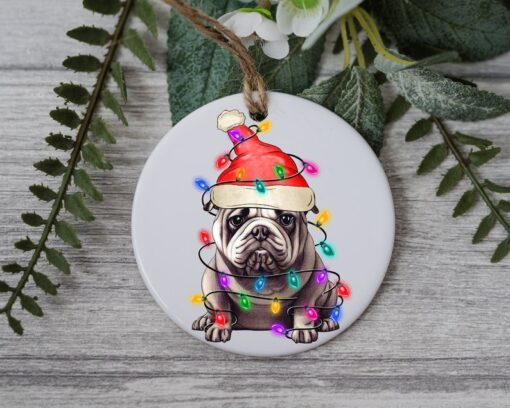 Bulldog Christmas Light, Personalized Pet Ornament With Name, Custom Dog Christmas Ornament, Dog with Santa Hat