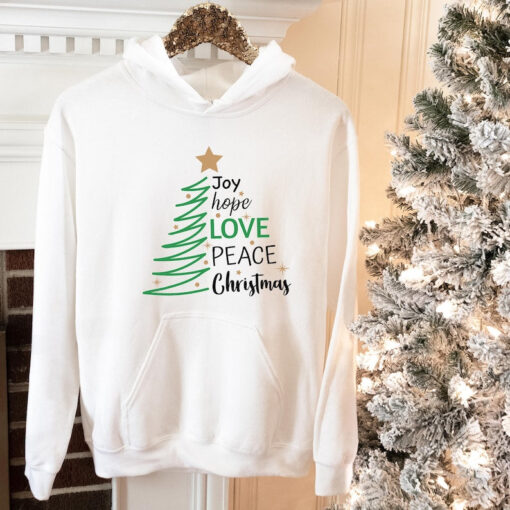 Christmas tree hoodie, joy hope love hoodie, Christian sweatshirt, Christmas gift sweatshirt, gift hoodie for woman