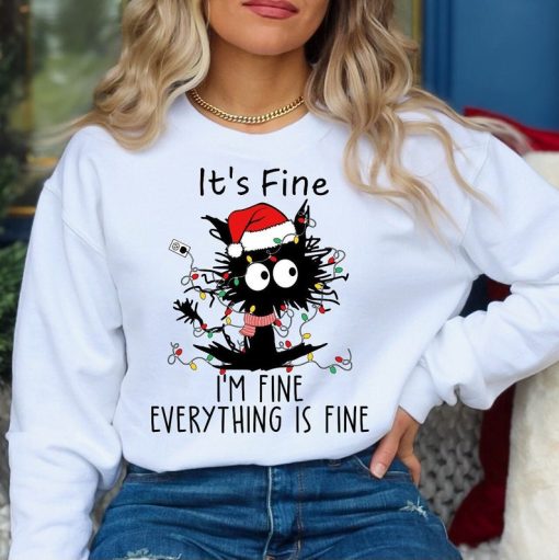 It's Fine I'm Fine Everything is Fine Sweatshirt, Christmas Sweatshirt, Black Cat Christmas Tree, Christmas Vibes, Christmas Sweater