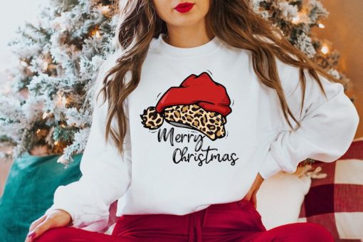 Leopard Santa Hat Merry Christmas Sweatshirt, Christmas Sweatshirt, Christmas Family Sweat, Christmas Gift