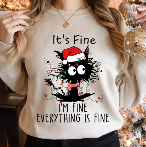 It's Fine I'm Fine Everything is Fine Sweatshirt, Christmas Sweatshirt, Black Cat Christmas Tree, Christmas Vibes, Christmas Sweater