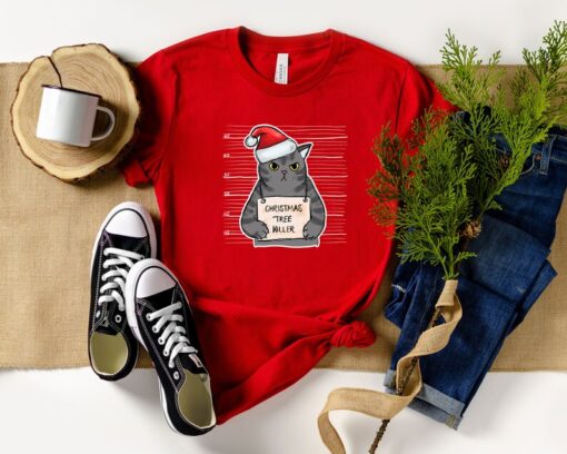 Christmas Tree Killer Shirt, Cute Christmas Cat Shirt, Arrested Cat Shirt, Christmas Animal Tee, Christmas T-Shirt