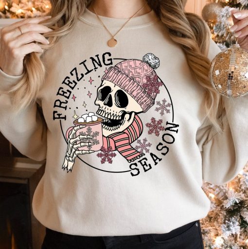 Freezing Season Skull Sweatshirt, Christmas Sweatshirt, Skull Sweatshirt, Christmas Skeleton Sweater