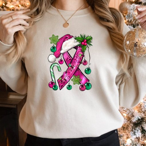 Pink Christmas Breast Cancer Ribbon Sweatshirt, Christmas Sweatshirt, Cancer Awareness, Pink Ribbon Sweatshirt