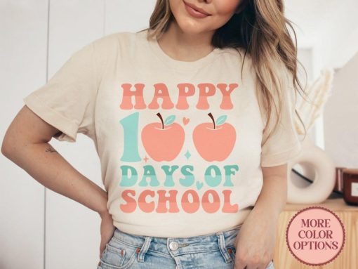 Happy 100 Days Of School Shirt, Cute Apple T-Shirt for Teachers, Hundred Days Of School Tee, Teacher Appreciation Tshirt