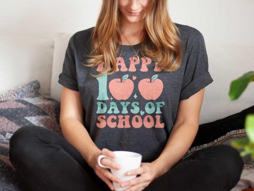 Happy 100 Days Of School Shirt, Cute Apple T-Shirt for Teachers, Hundred Days Of School Tee, Teacher Appreciation Tshirt