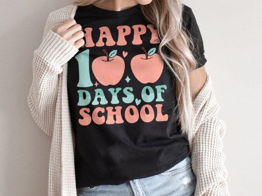 Happy 100 Days Of School Shirt, Cute Apple T-Shirt for Teachers, Hundred Days Of School Tee, Teacher Appreciation Tshirt