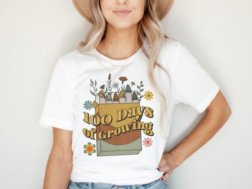 100 Days of Growing Shirt | Boho Teacher T-Shirt | Retro Plant Lover T-Shirt | 100 Days Of School | Elementary Teacher Tee