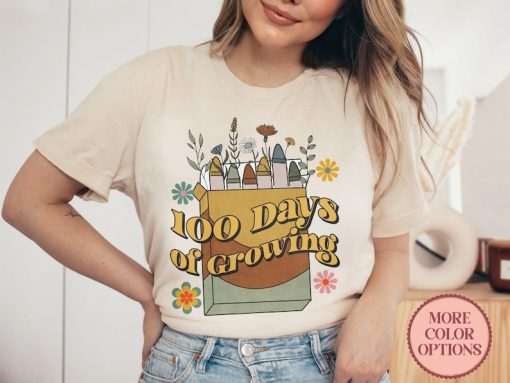 100 Days of Growing Shirt | Boho Teacher T-Shirt | Retro Plant Lover T-Shirt | 100 Days Of School | Elementary Teacher Tee