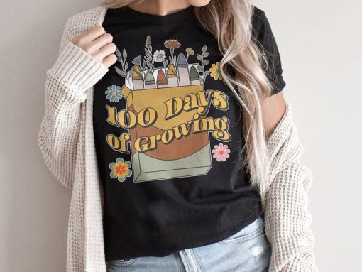 100 Days of Growing Shirt | Boho Teacher T-Shirt | Retro Plant Lover T-Shirt | 100 Days Of School | Elementary Teacher Tee