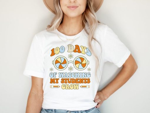 Retro Teacher Shirt, 100 Days Watching My Students Grow Tshirt, 100th Day Of School Tee Shirts, Boho T-Shirts for Teachers