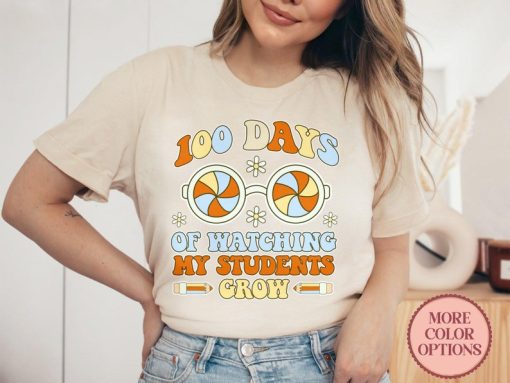 Retro Teacher Shirt, 100 Days Watching My Students Grow Tshirt, 100th Day Of School Tee Shirts, Boho T-Shirts for Teachers