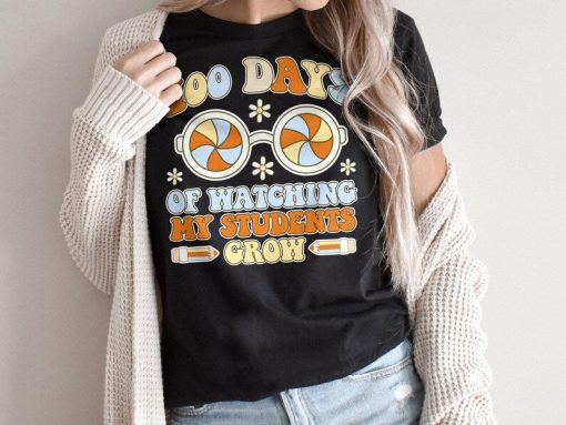 Retro Teacher Shirt, 100 Days Watching My Students Grow Tshirt, 100th Day Of School Tee Shirts, Boho T-Shirts for Teachers