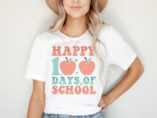 Happy 100 Days Of School Shirt, Cute Apple T-Shirt for Teachers, Hundred Days Of School Tee, Teacher Appreciation Tshirt