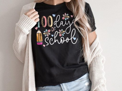 Cute Teacher T-Shirt, Cheetah Floral Teacher Shirt, Pencil Graphic Tee, 100 Days Of School TShirt, Back To School TShirt