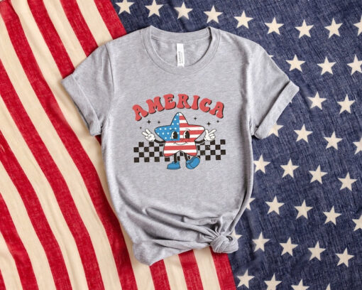 Checkered America Star Shirt, Retro Comfort America Shirt, Fireworks Shirt, Patriotic Shirt, Independence Day Gift