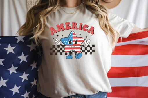 Checkered America Star Shirt, Retro Comfort America Shirt, Fireworks Shirt, Patriotic Shirt, Independence Day Gift