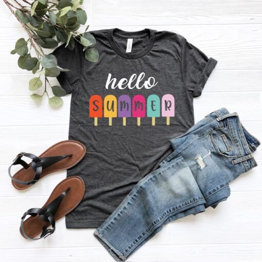 Summer Vacation 2023 T-shirt, Hello Summer Shirt - Popsicle Written Summer Welcome Outfit, Colorful Holiday T-Shirt