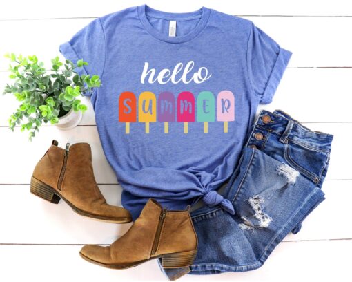 Summer Vacation 2023 T-shirt, Hello Summer Shirt - Popsicle Written Summer Welcome Outfit, Colorful Holiday T-Shirt