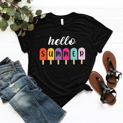 Summer Vacation 2023 T-shirt, Hello Summer Shirt - Popsicle Written Summer Welcome Outfit, Colorful Holiday T-Shirt